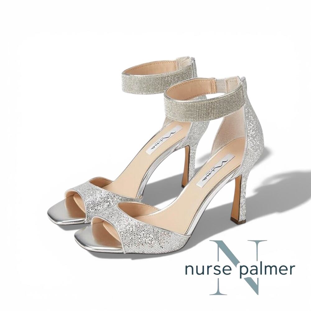 Nina silver glitter ankle strap open toe stiletto heels